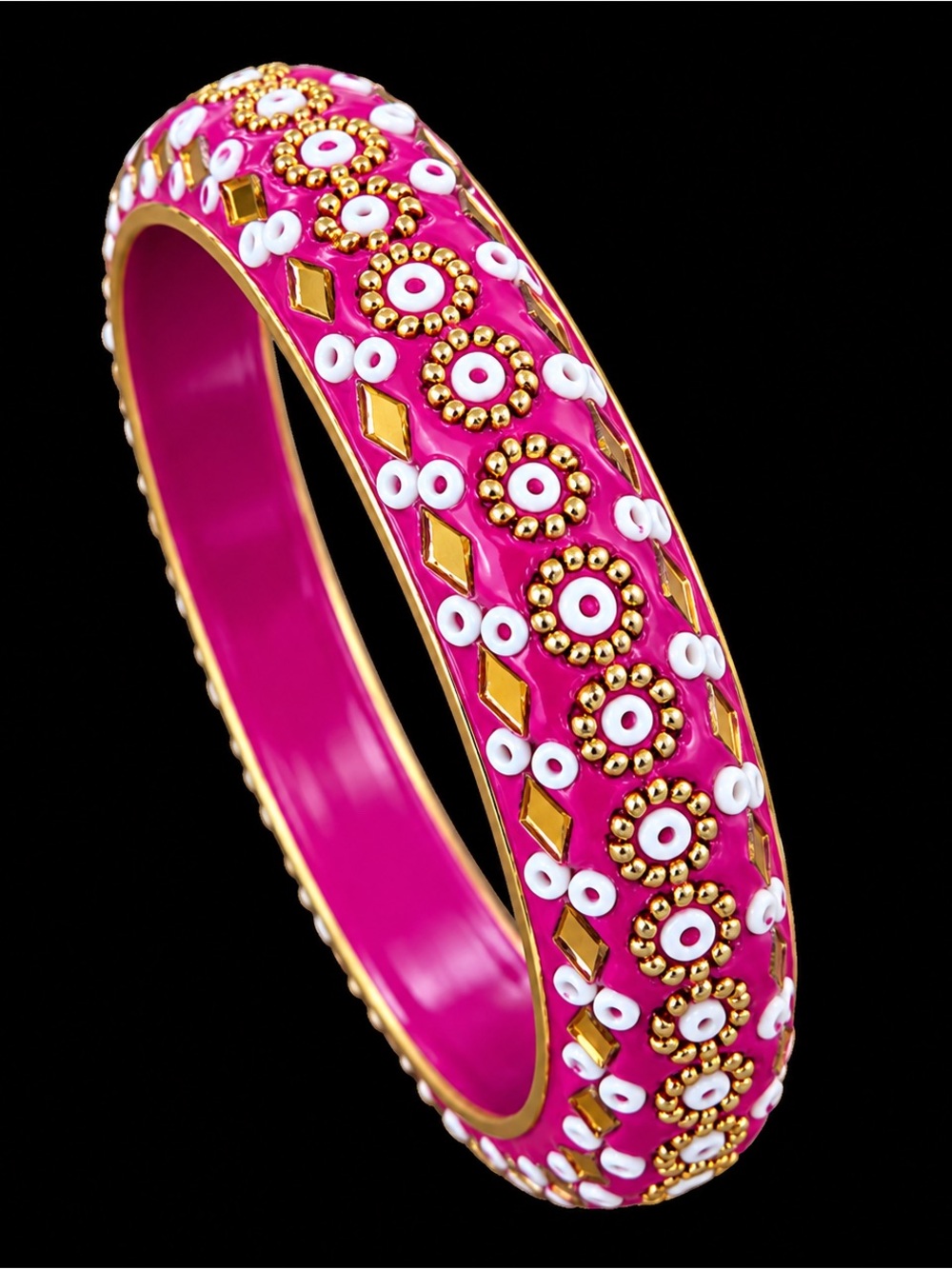 Indian Style Pink Gold White Embellished Bangle Bracelet Boho Ethnic